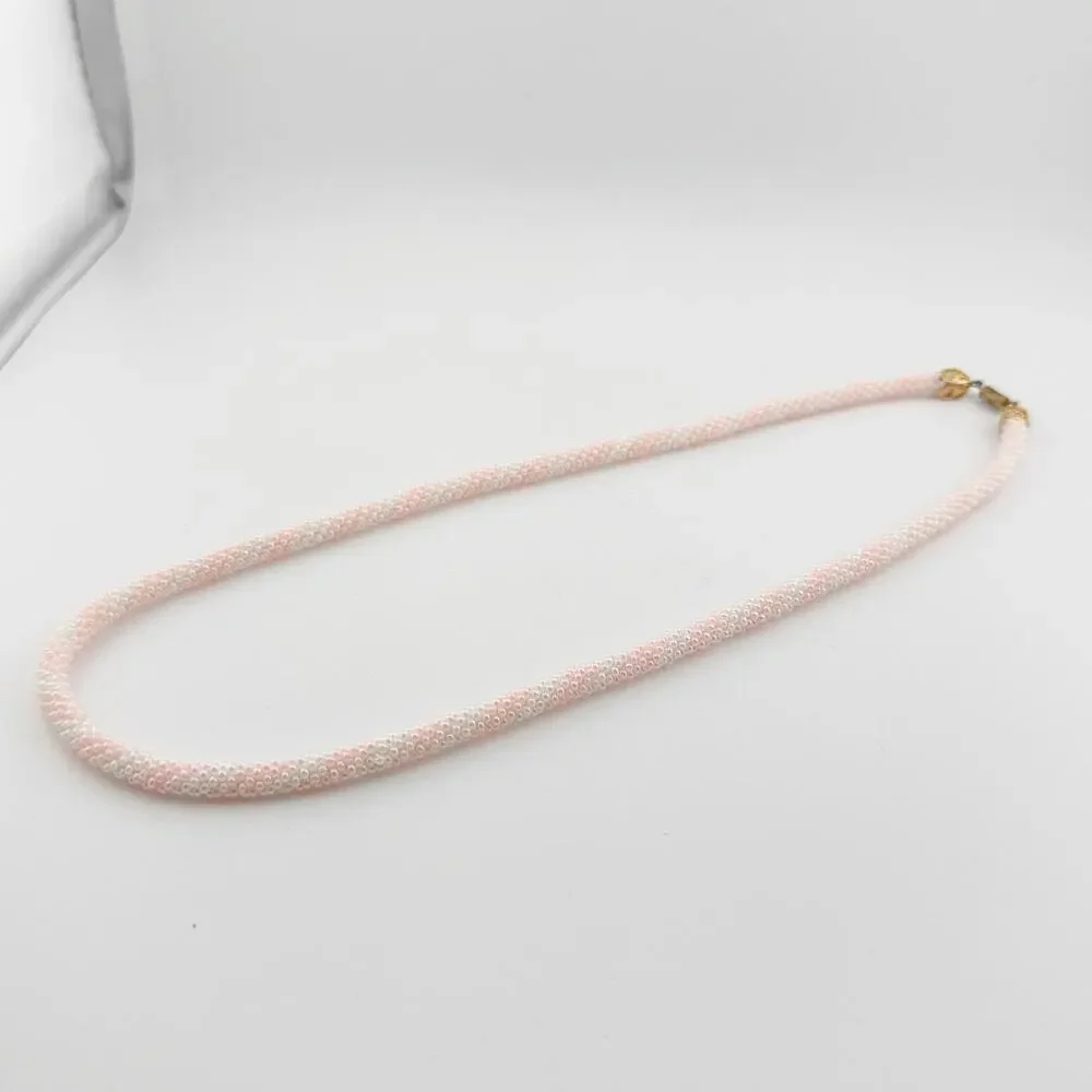 Vintage Pink White‎ Beaded Rope Necklace Gold Tone Filigree Clasp Handmade